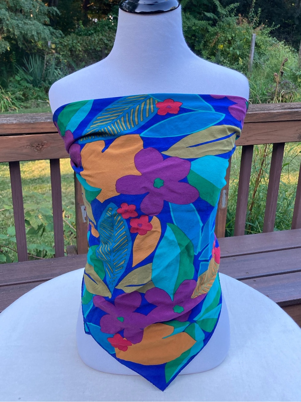 Vintage 80s 90s Large Square Silk Feel Tropical Floral Scarf 34” Colorful